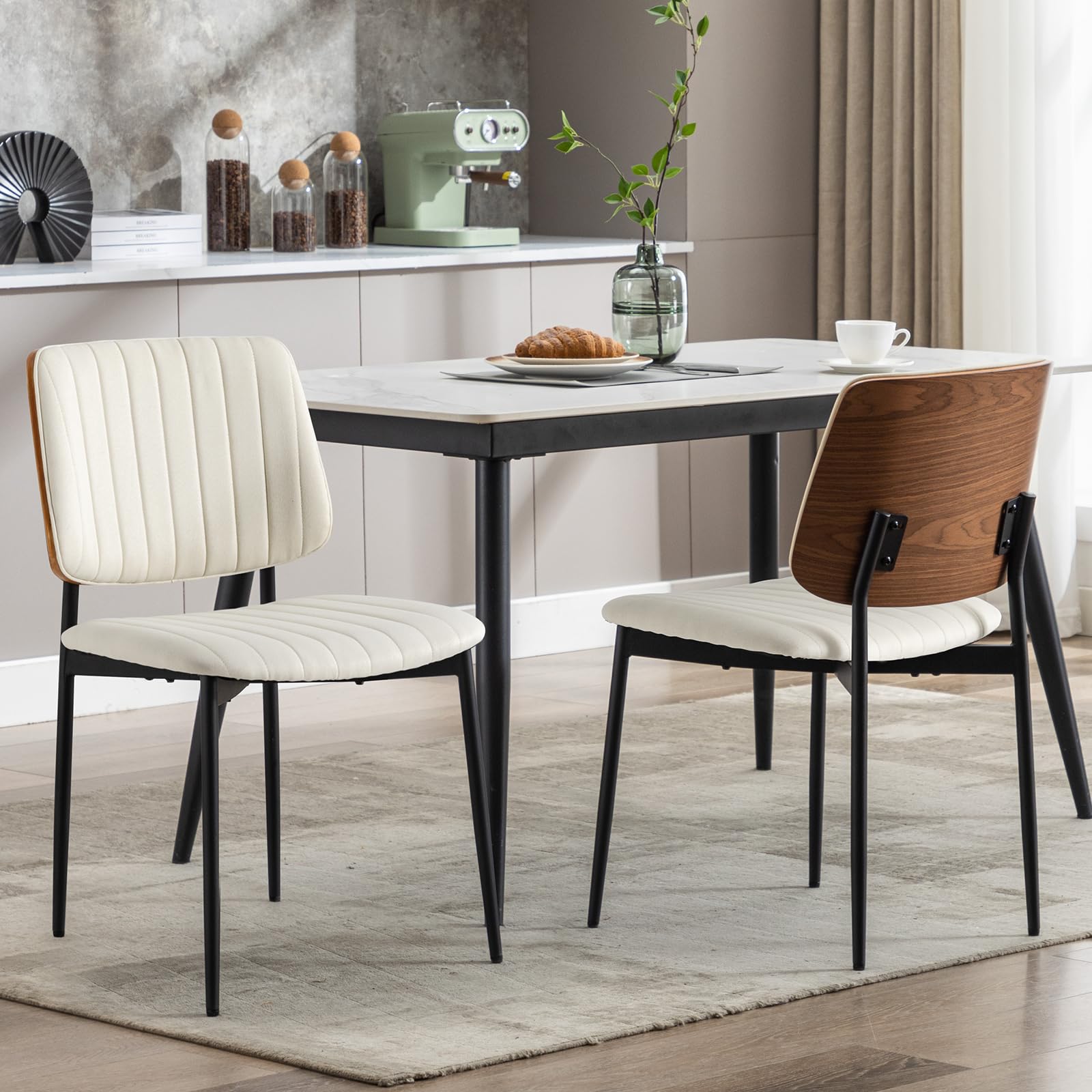 Fabric Dining Chairs Set of 2, Mid Century Modern Dining Chairs with Bentwood Backrest and Upholster Seat,Armless Kitchen Chairs with Metal Legs Adjustable Foot for Dining Room(Grey Bentwood)