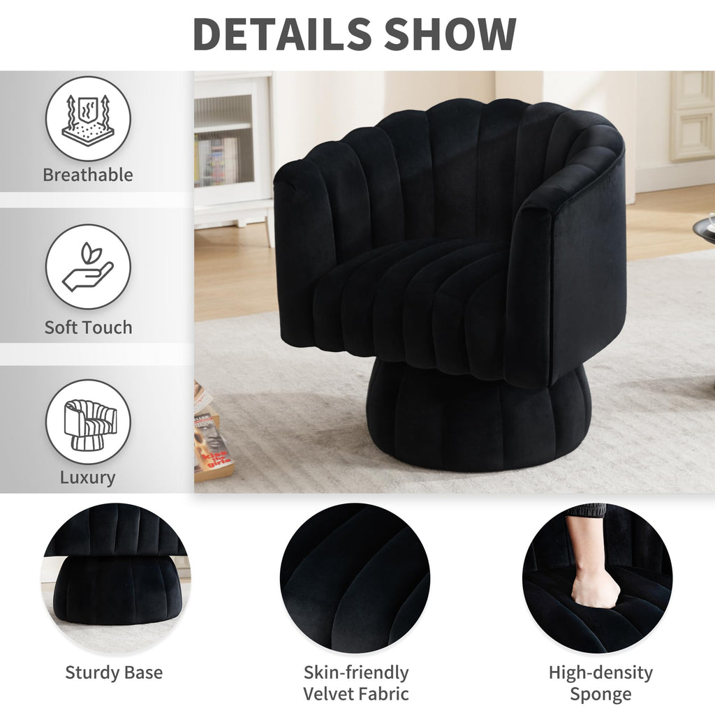 Swivel Accent Barrel Round Chair - Comfy 360° Arm Chairs Cute Small Sofa Club Velvet Reading Chair for Living Room Bedroom Office - Black