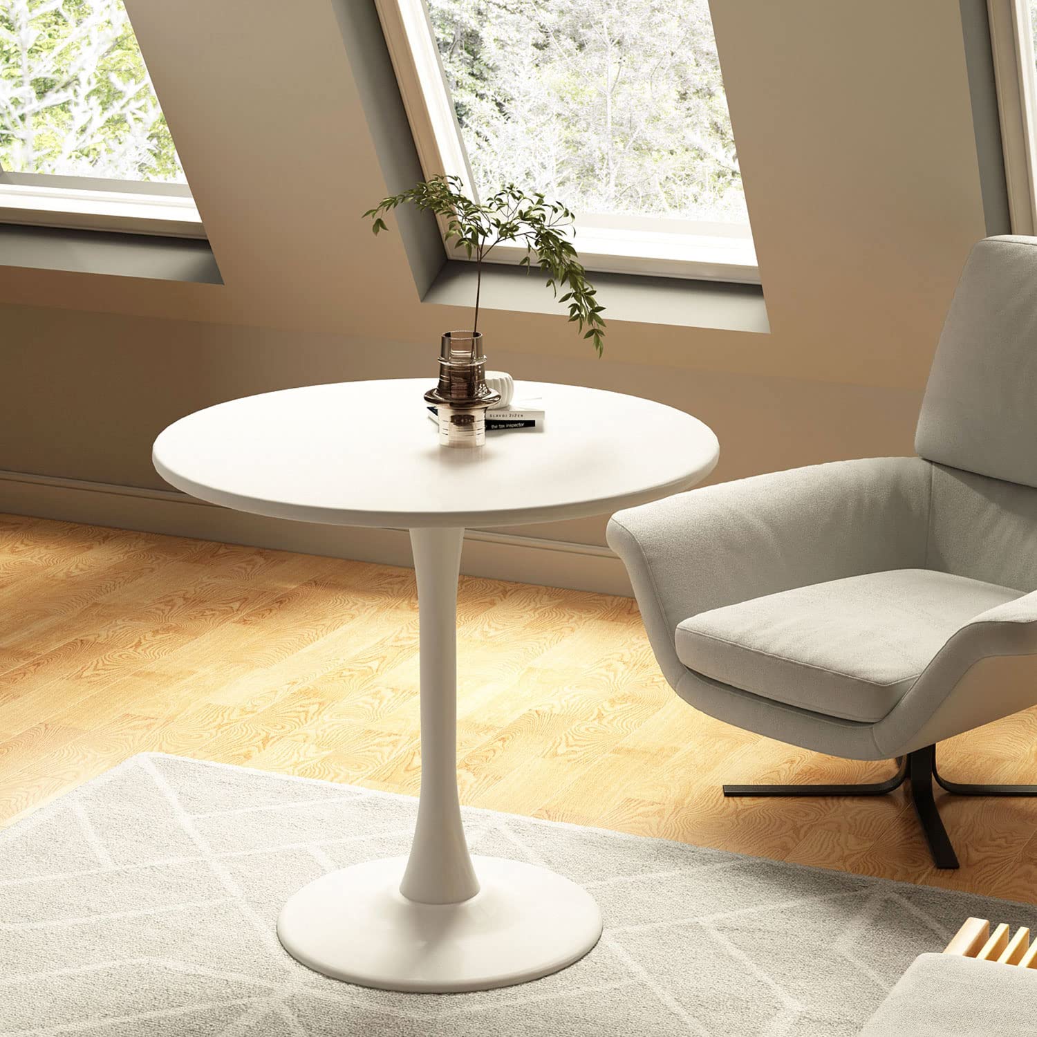 Round Dining Table 31.5" Circle Tulip Table with Wood Thickened Tabletop & Sturdy Metal Pedestal Mid Century Modern Leisure Bistro Kitchen Tables 4 People Small Places Living Room Cafe,White