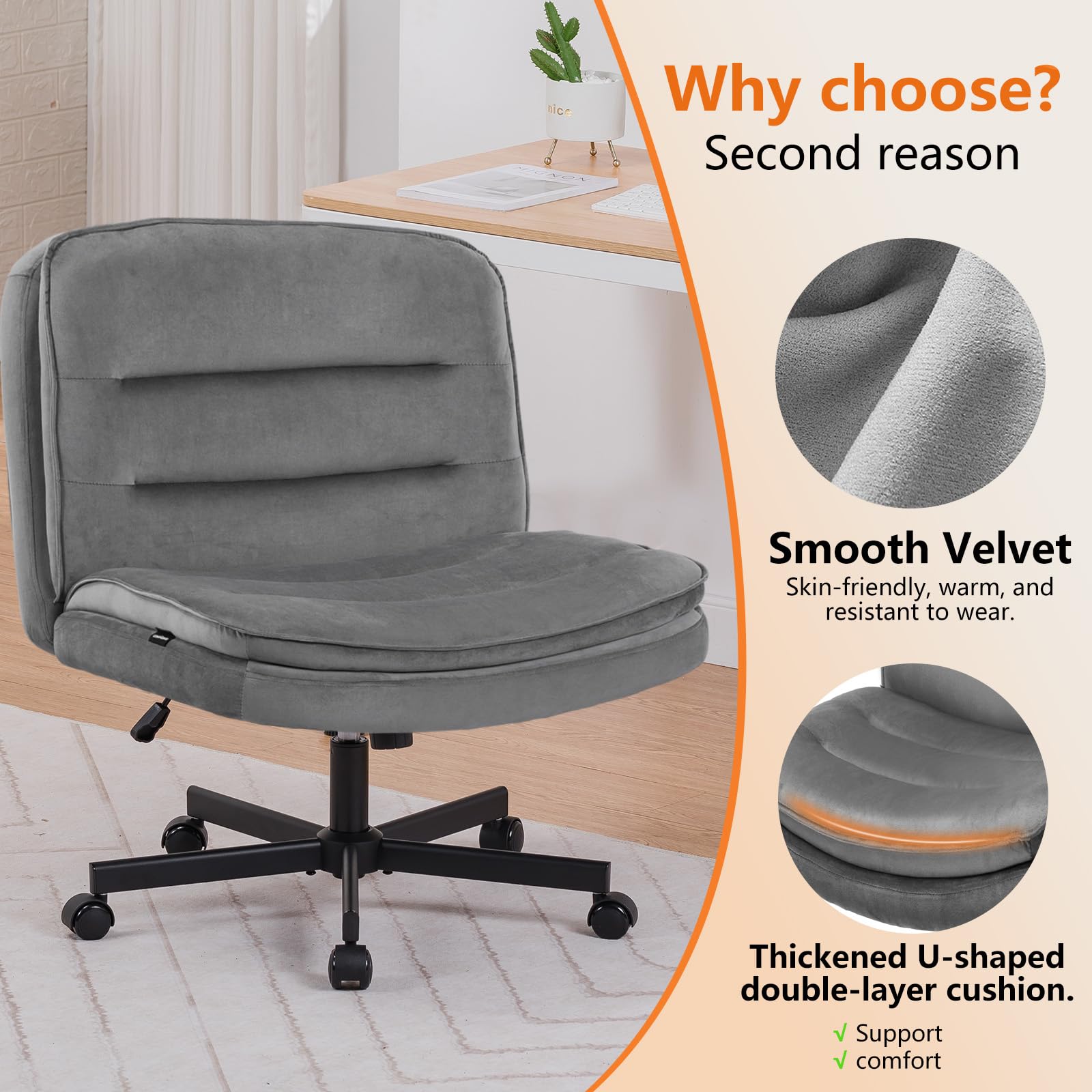 Criss Cross Chair with Wheels Armless Cross Legged Office Chair Wide Home Office Desk Chair Swivel Comfy Vanity Desk Chair Height Adjustable Mid Back Wide Seat Computer Task Chair