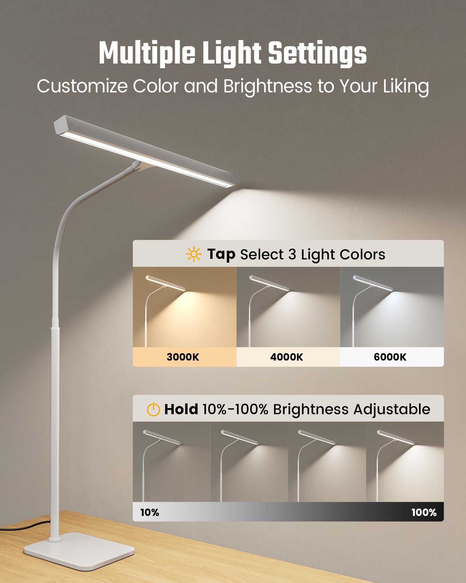LED Desk Lamp for Home Office, Eye-Caring Desk Light with Base, 12W Touch Control 3 Colors Dimmable Brightness, Gooseneck Architect Lamp for Computer Monitor Reading Workbench, White