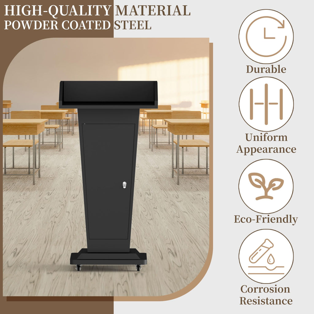 Heavy-Duty Black Metal Podium Stand with Lockable Wheels | Mobile Lectern with Storage Cabinet & Standard 50.4" Height | for Conference Rooms, Churches, Classrooms & Events