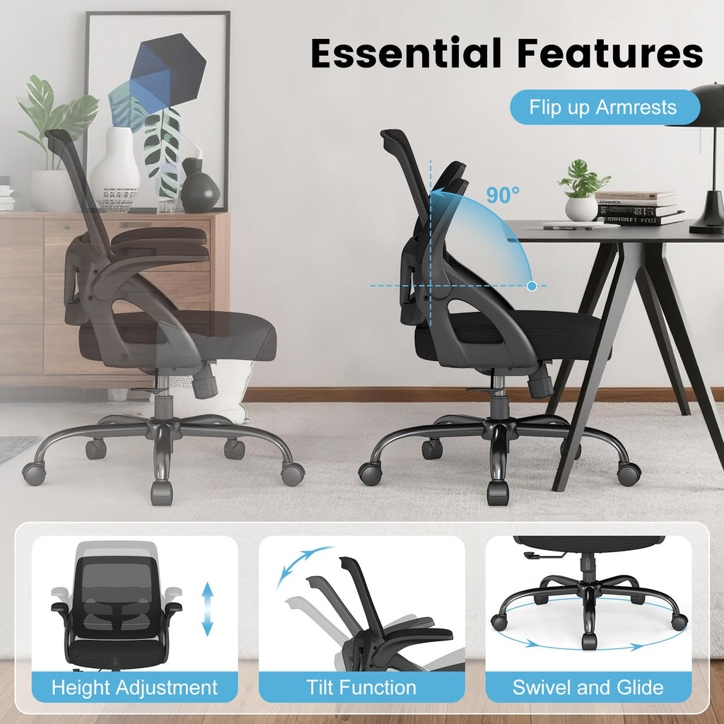Big and Tall Office Chair, Ergonomic Desk Chair Mesh Mid Back with Comfy Lumbar Support Swivel Task Executive Chairs with Wheels, Flip up Arms for Home, Office, Study