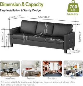 73” Black Faux Leather Couch, Modern Comfy Office 3 Seater Sofa Couch with Tufted Armrest and USB, Small Loveseat Couches for Living Room, Apartment, Bedroom