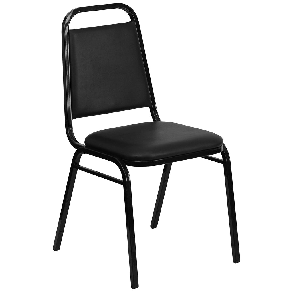 Trapezoidal Back Vinyl Stackable Banquet Chair, Multipurpose Stacking Chair with Padded Seat and Back, Black