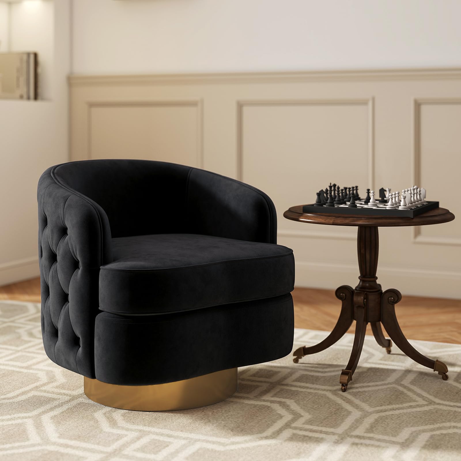 360 Degree Swivel Barrel Accent Chair, Modern Tufted Velvet Upholstered Round Arm Chair with Tall Backrest, Side Reading Seat Single Sofa for Living Room, Black