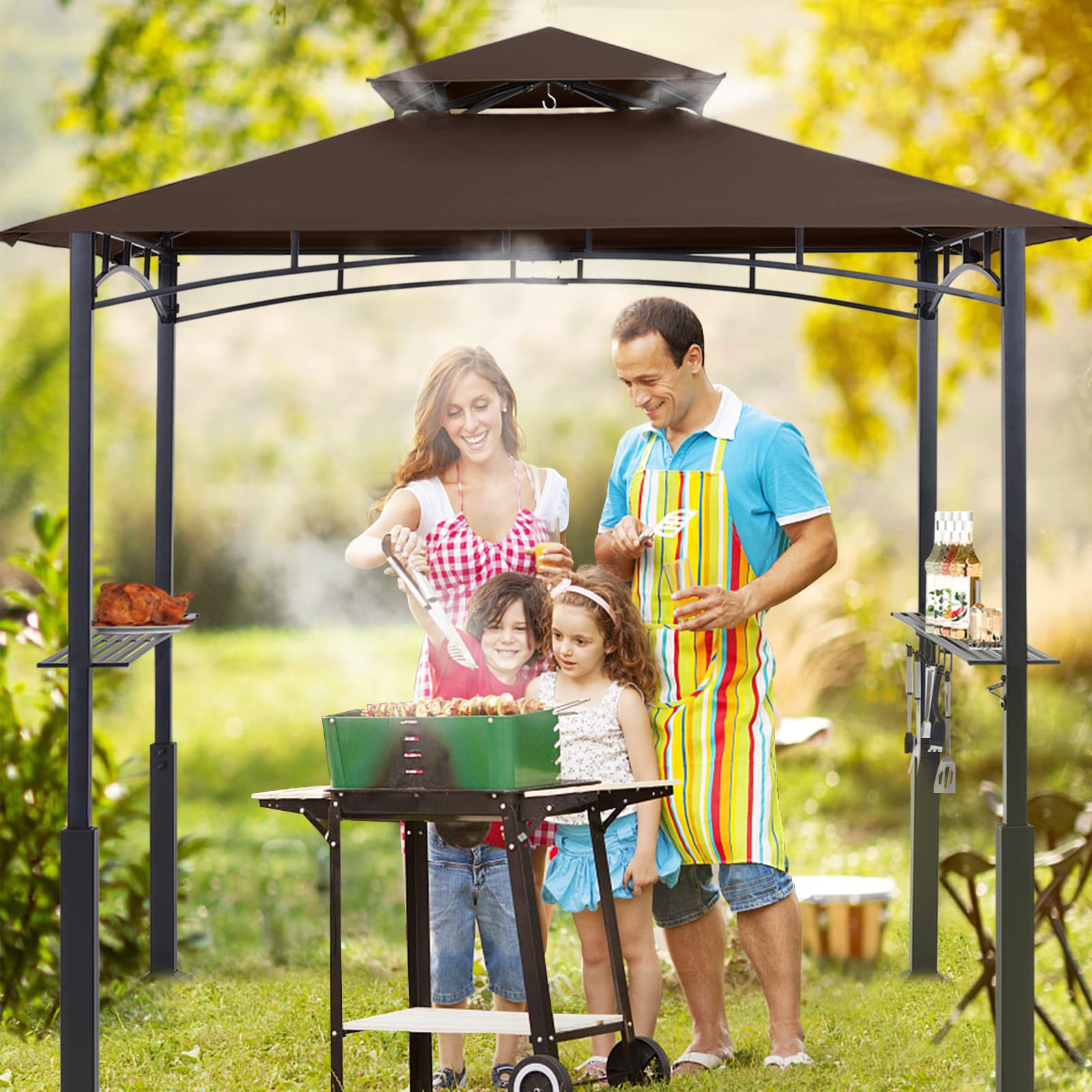 8x5 Grill Gazebo - Outdoor BBQ Canopy Shelter with Led Light for Patio Backyard Grilling (Brown)