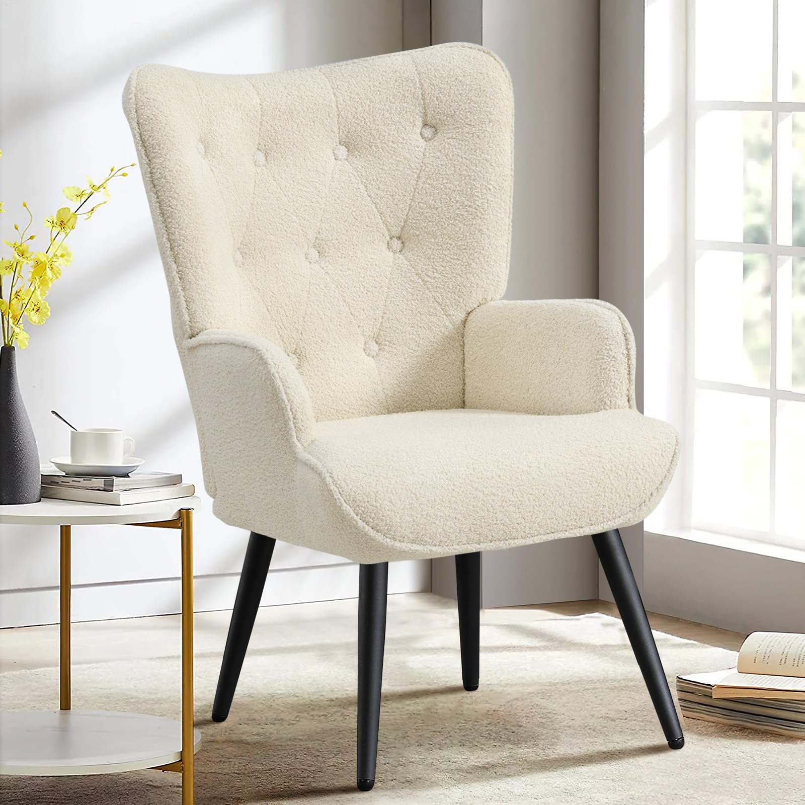 Boucle Accent Chair for Living Room, Upholstered Reading Chair with High Backrest, Tufted-Button Wingback Armchair for Bedroom, Dressing Room, Home Office, Ivory White