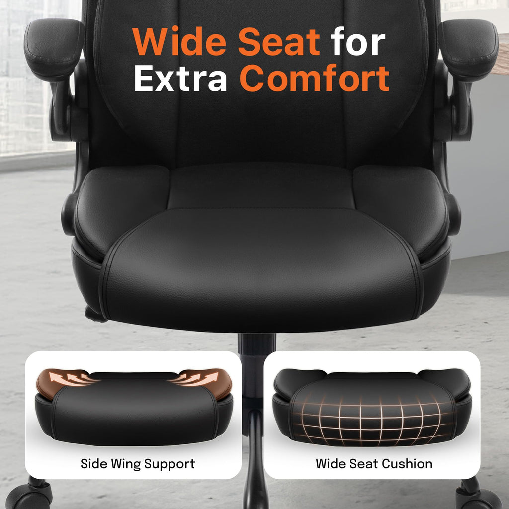 Office Desk Gaming Computer Home Chair Ergonomic Executive High Back Support Flip-up Arms Adjustable Height Swivel Rolling Wheels Comfy PU Leather (Black)