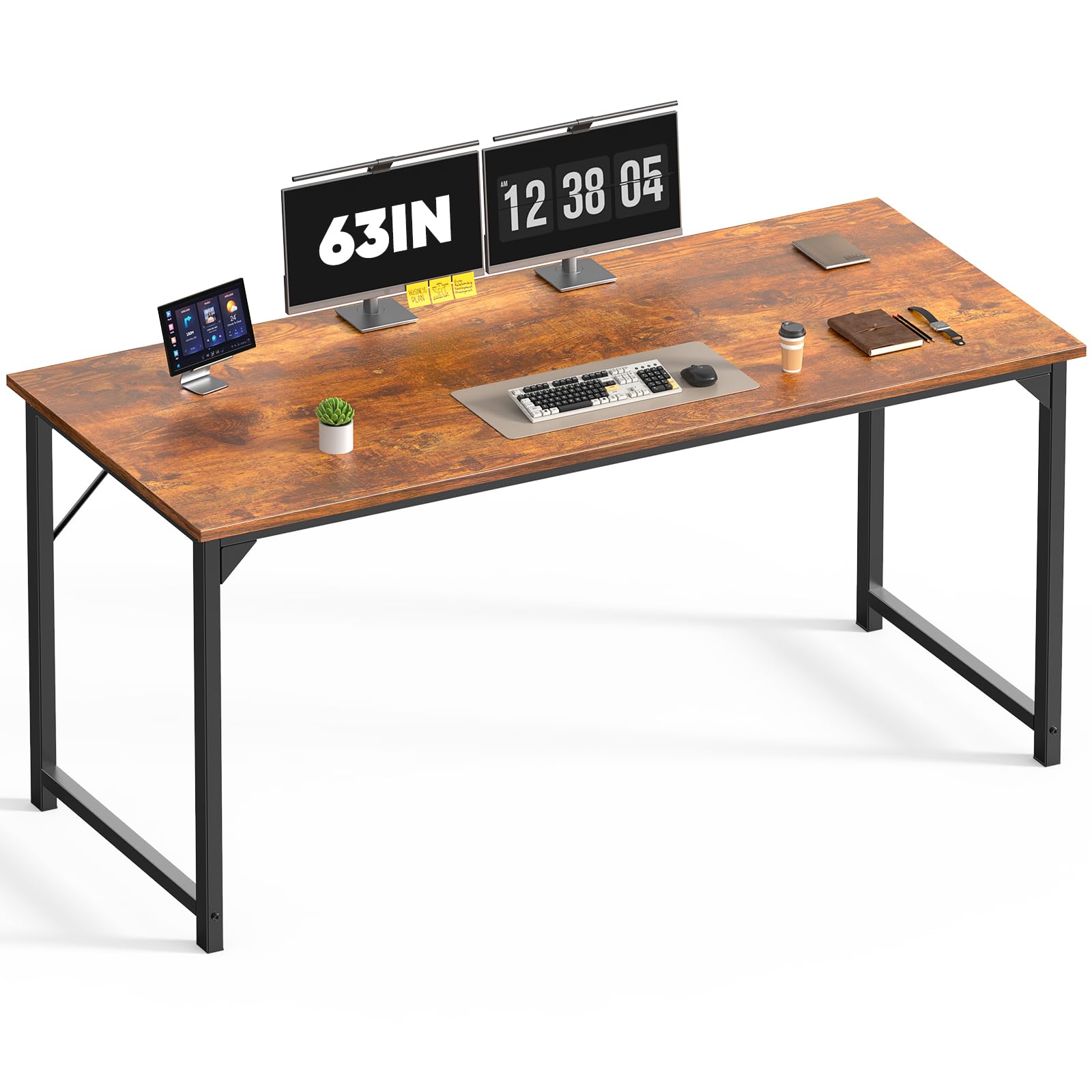 63 Inch Computer Office Desk Writing Gaming Study Work Large Desks for Bedroom Home Office with Metal Frame Simple Modern PC Table Workstation, Wood Brown