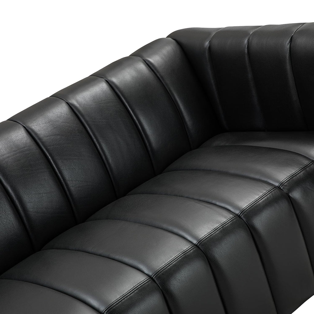 83" Genuine Leather Sofa with Channel Tufted Design, 3-Seater Sofa for Living Room Bedroom, Modern Oversized Couch with Wood Legs, Black