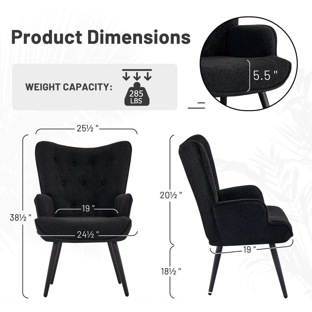 Boucle Accent Chair for Living Room, Upholstered Reading Chair with High Backrest, Tufted-Button Wingback Armchair for Bedroom, Dressing Room, Home Office, Black