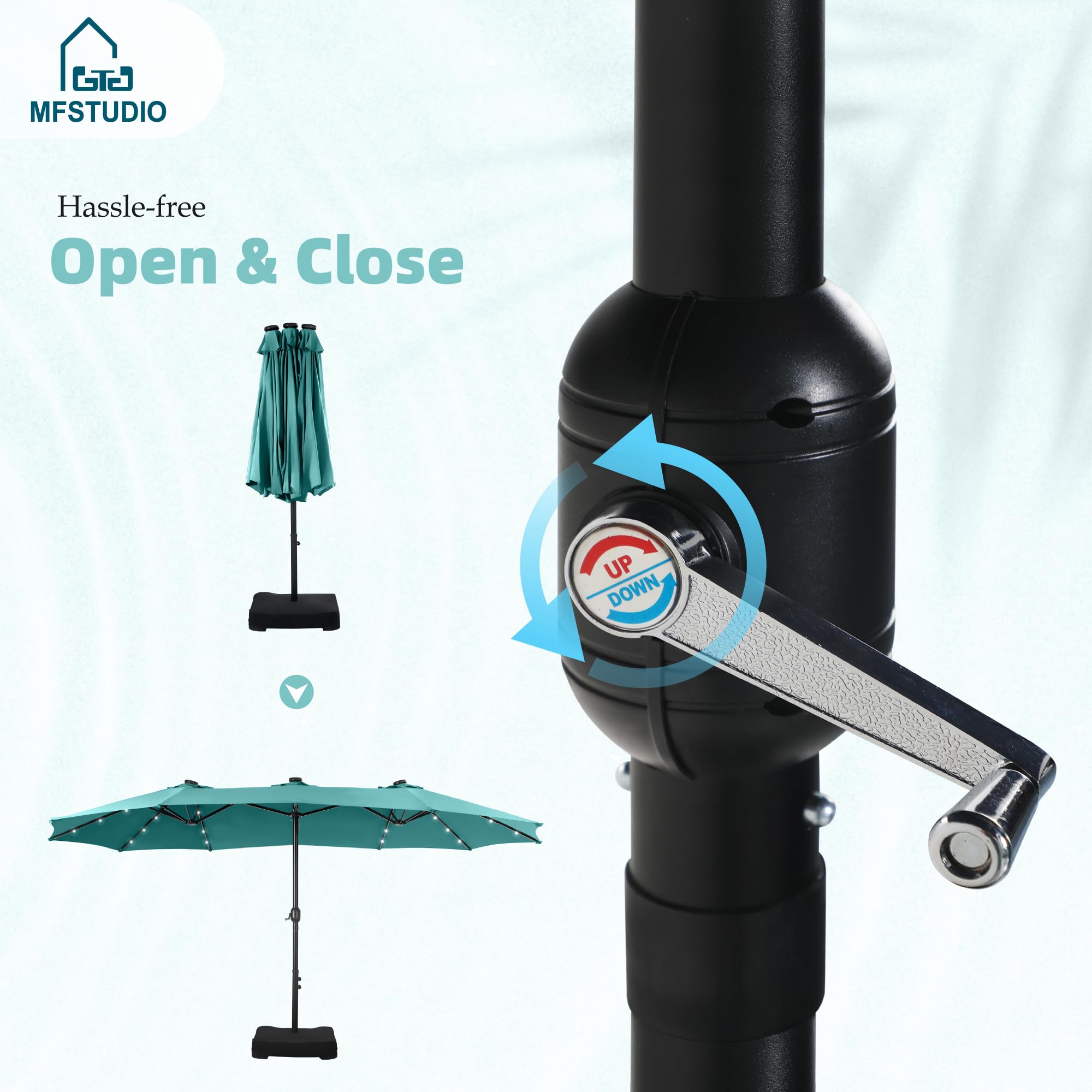 15ft Double Sided Patio Umbrella with Solar Lights, Outdoor Large Umbrellas with Crank Handle and 36 LED Lights, Rectangular Market Umbrella with Base Included for Deck Pool Shade, Turquoise