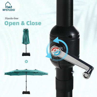 15ft Double Sided Patio Umbrella with Solar Lights, Outdoor Large Umbrellas with Crank Handle and 36 LED Lights, Rectangular Market Umbrella with Base Included for Deck Pool Shade, Turquoise