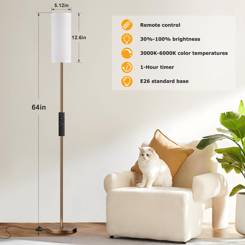 64'' Floor Lamps for Living Room with Remote Control and Stepless Dimmable Colors Temperature & Brightness, 9W Bulb Included(White Lampshade & Brown Pole)