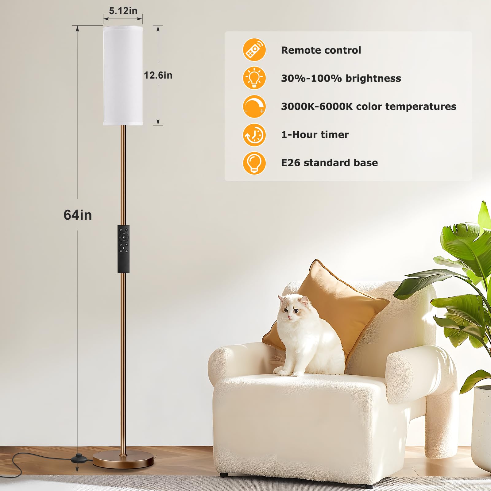 64'' Floor Lamps for Living Room with Remote Control and Stepless Dimmable Colors Temperature & Brightness, 9W Bulb Included(White Lampshade & Brown Pole)