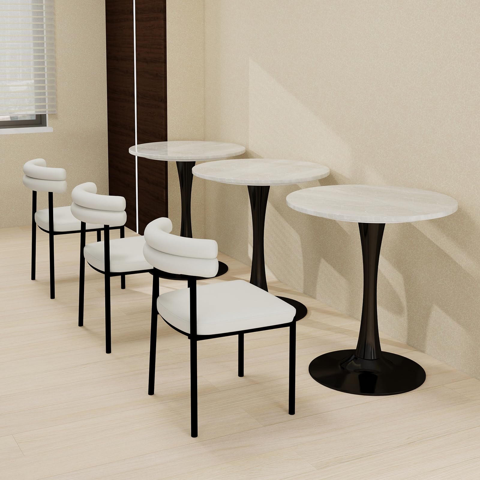 27.6" Marble Round Tulip Table, Mid-Century Modern Style Dining Table with Black Pedestal Base for 2-4 People, Featuring A Marble Tabletop for Kitchen, Dining Room, Cafe (Grayish White)