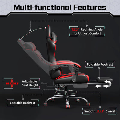 Gaming Chair, Video Game Chair with Massage Lumbar Support and Footrest Height Adjustable Ergonomic Computer Chair with Swivel Seat and Headrest, Black/Red
