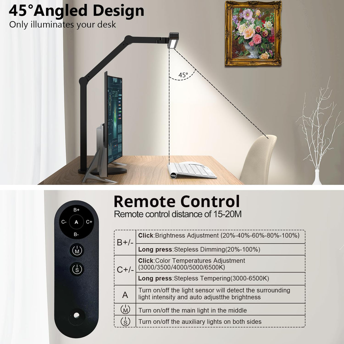 Office@hand Held Remote Light Control Architect Desk Lamp with Remote Control, Adjustable Led Desk Light for ...