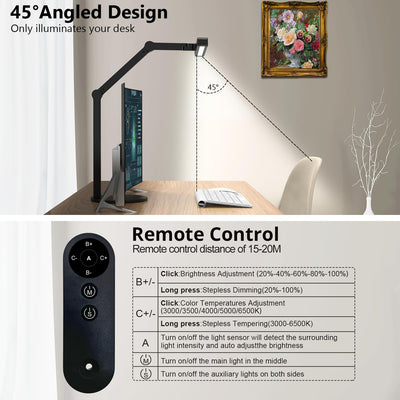 Architect Desk Lamp with Remote Control, Adjustable Led Desk Light for Home Office with Base, 24W Bright Auto Dimming Table Light Rotatable Office Lamp with Swing Arm for Computer Cafting