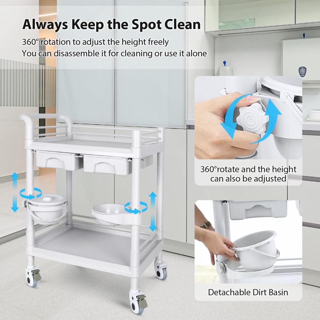 Medical Mobile Trolley Cart 2-Shelf 220 LBS Max Load Rolling Utility Cart Heavy Duty Beauty Salon Storage Cart with Drawers Dirt Buckets Rotate Wheels 2 Brake for Hospital Dental Clinic Home