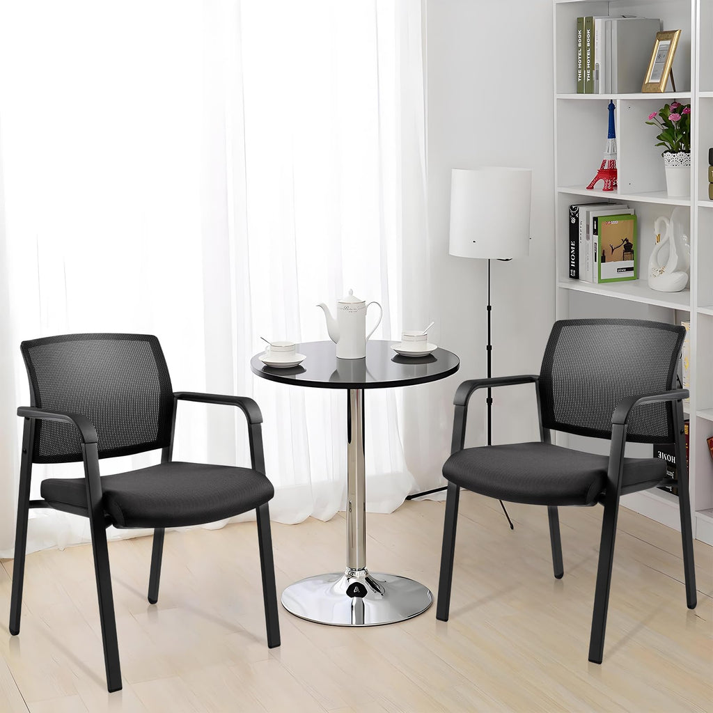 Black 4 Pack Set, Mesh Back Stacking Arm Chairs with Upholstered Fabric Seat and Ergonomic Lumber Support for Office School Church Guest Reception , New Version
