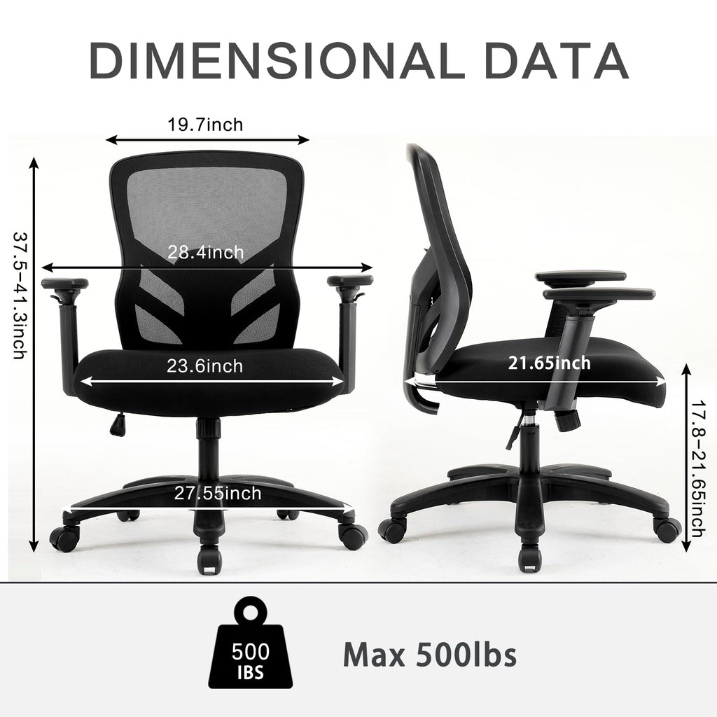 Big and Tall Office Chair 500LBS - Computer Desk Chair with Adjustable Lumbar Support, Heavy Duty Ergonomic Mesh with 360 Rotation 4D Arm and Extra Wide Comfty Seat, Quiet Wheels for Adults