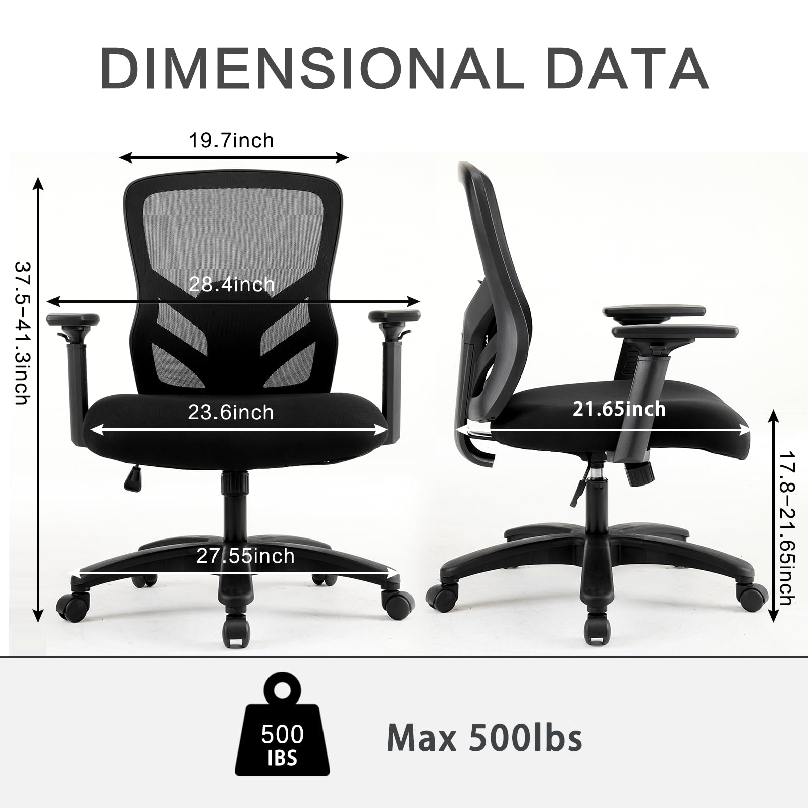 Big and Tall Office Chair 500LBS - Computer Desk Chair with Adjustable Lumbar Support, Heavy Duty Ergonomic Mesh with 360 Rotation 4D Arm and Extra Wide Comfty Seat, Quiet Wheels for Adults