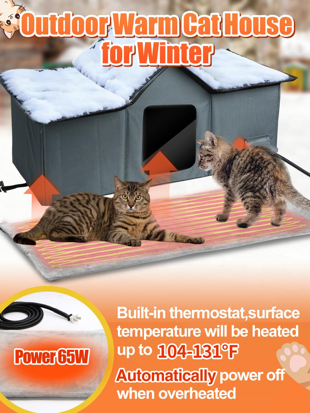Weatherproof Heated Cat Houses for Outdoor Cats - Insulated Cat Shelter for Winter with Thermostatic Heating Pad and Escape Door, Warm Outside Pet House Gift for 3-4 Feral Cats (X-Large)