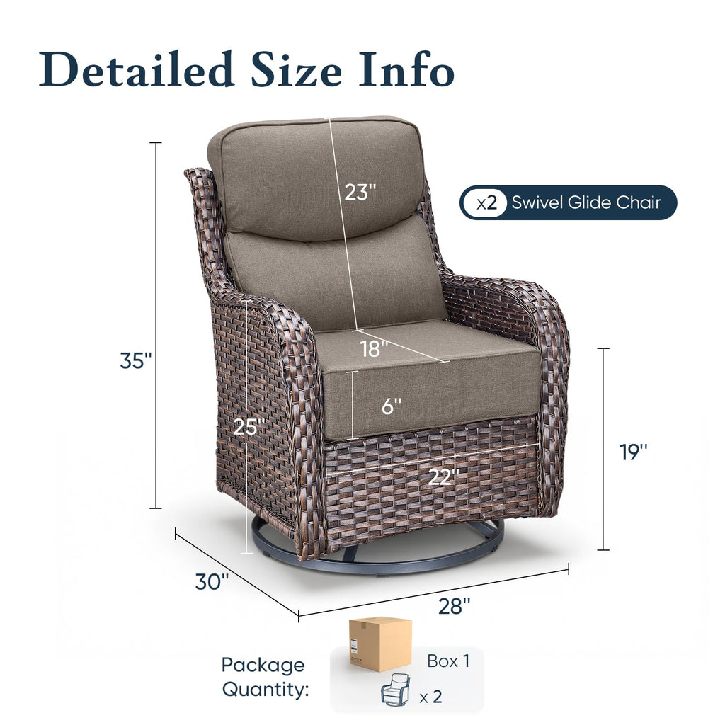 Luxury 6" Thick Cushioned Outdoor Swivel Rocker Patio Chairs of 2, High Back Wicker Patio Furniture Set with Ergonomic Zone Back, Conversation Glider Set for Deck Porch - Brown+Grey