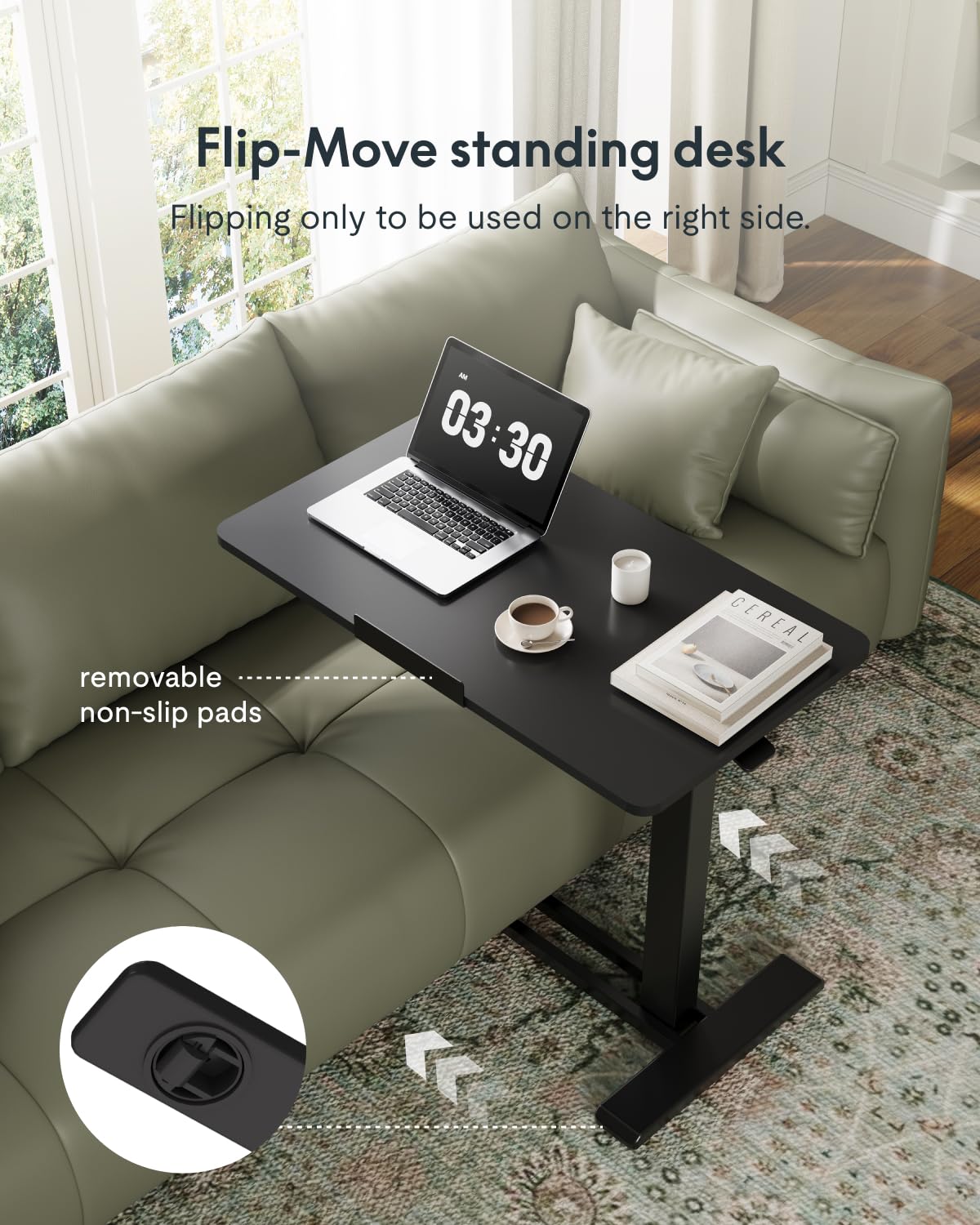 H7 PRO Mobile Standing Desk Adjustable Overbed Table Pneumatic with Wheels 90°Tiltable Portable Laptop Desk Rolling Computer Cart Foldable Bedside Table(31.5" W x 17.7" D D, Black)