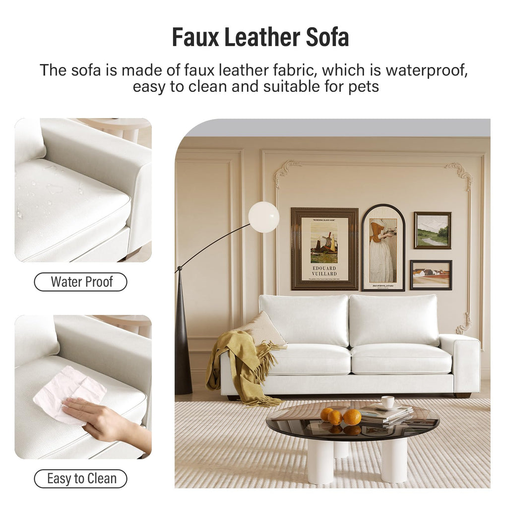 Faux Leather Couch, Mid Century Modern Comfy Loveseat Sofa with Wide Arm, Side Pockets, Solid Wooden Frame for Office, Living Room and Bedroom, 3 Seater (White, 88.58 inches)