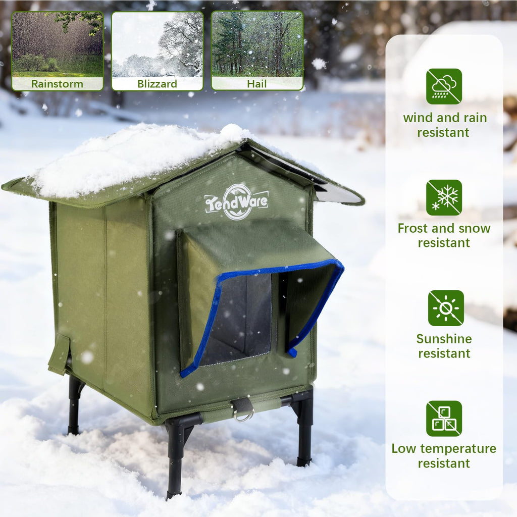 Outdoor Cat House Heated Cat House for Outside with Elevated Base Cat-Attracting Eave Design Feral Stray Shelter Weatherproof in Winter Garage Yard Porch
