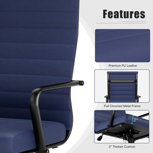 Blue Leather Office Desk Chair, Conference Room Chairs Executive Chair Ribbed, Ergonomic Height Adjustable Swivel Rolling Chair for Home Office.