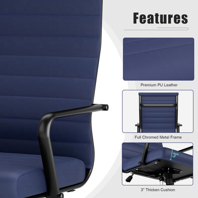 Blue Leather Office Desk Chair, Conference Room Chairs Executive Chair Ribbed, Ergonomic Height Adjustable Swivel Rolling Chair for Home Office.