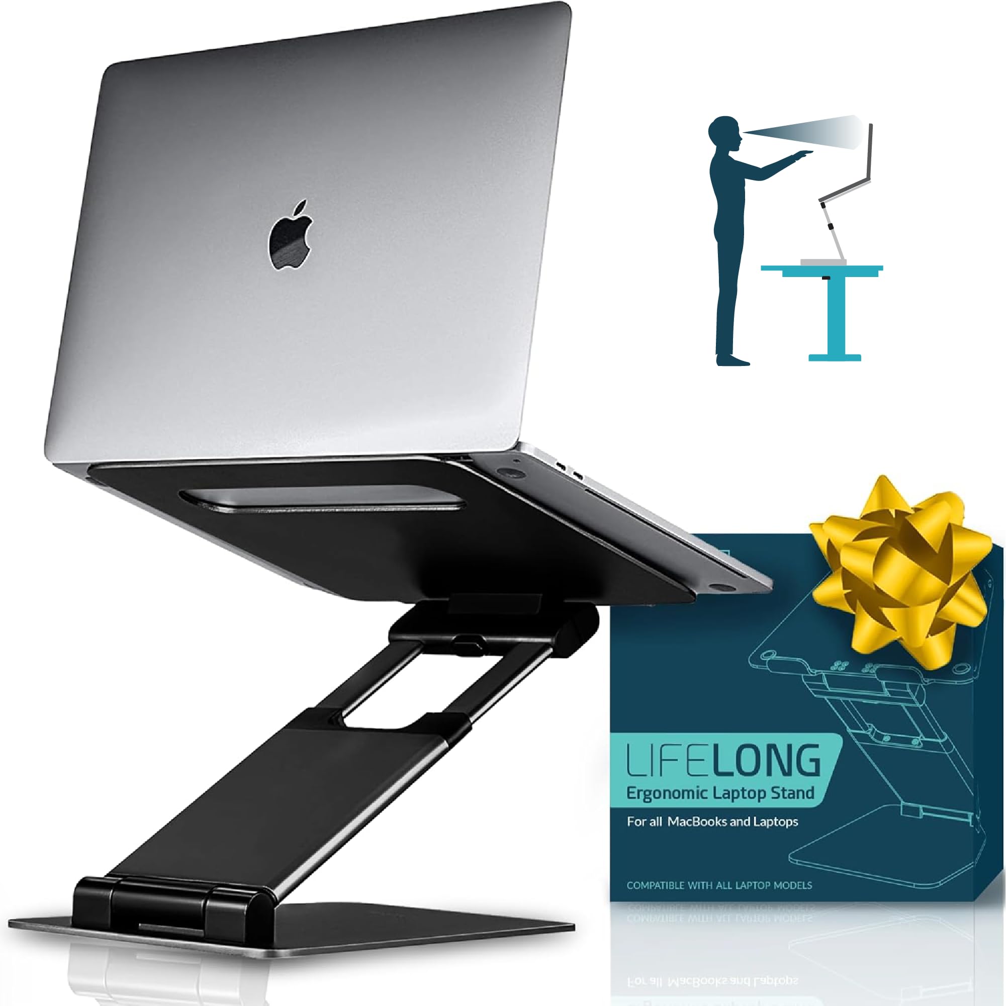 Adjustable Laptop Stand for Desk, Ergonomic Premium Aluminum Laptop Riser, Portable Foldable Computer Stand, Height Adjustable up to 20”, Fits 10-17 Inch Laptops & MacBooks