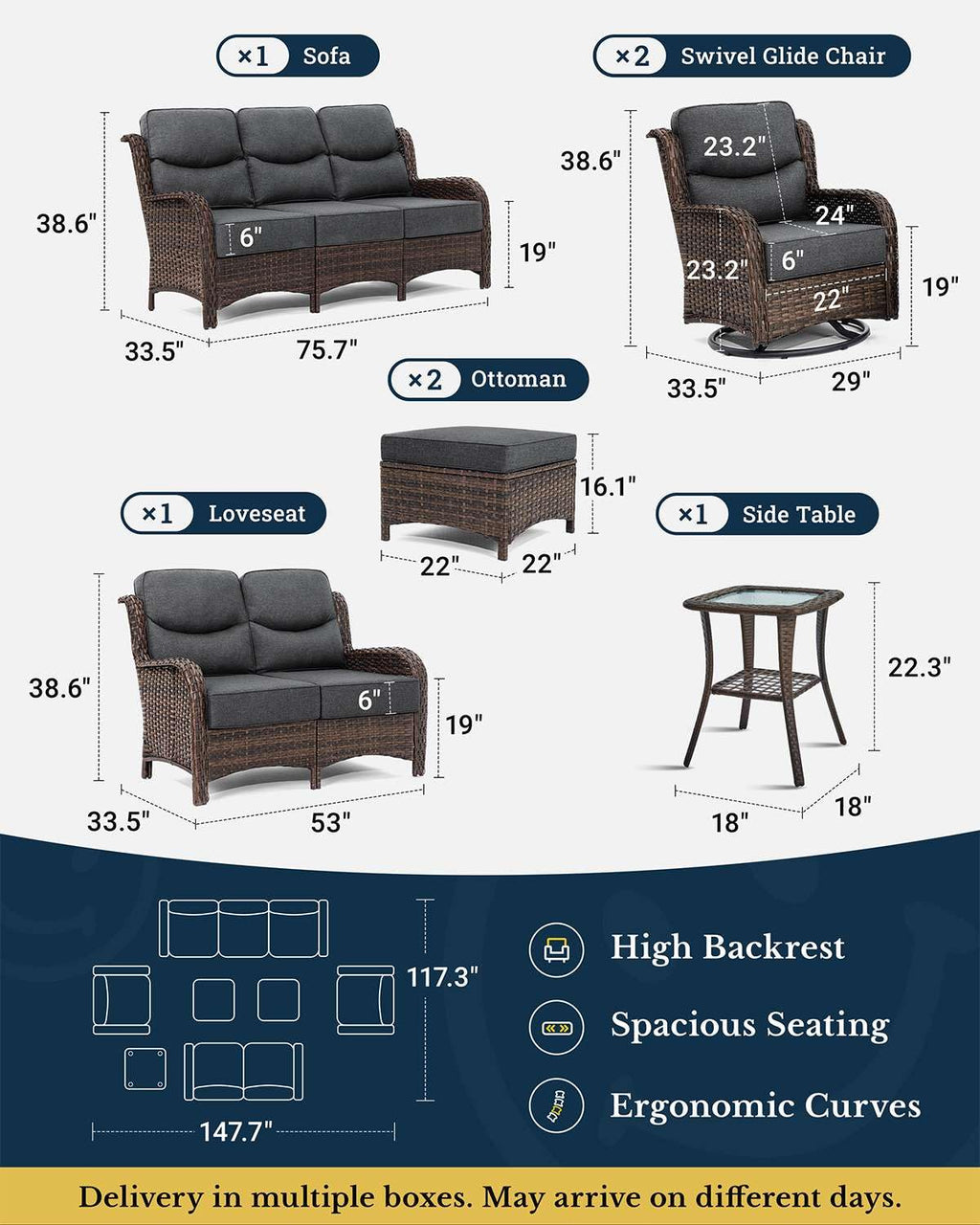 Luxury Patio Furniture Set with 6-inch Thick Cushion, Outdoor Couch, Loveseat and High Back Swivel Rocker Patio Chairs, 7PCS Wicker Conversation Set for Deck Yard and Poolside, Dark Grey (V2)