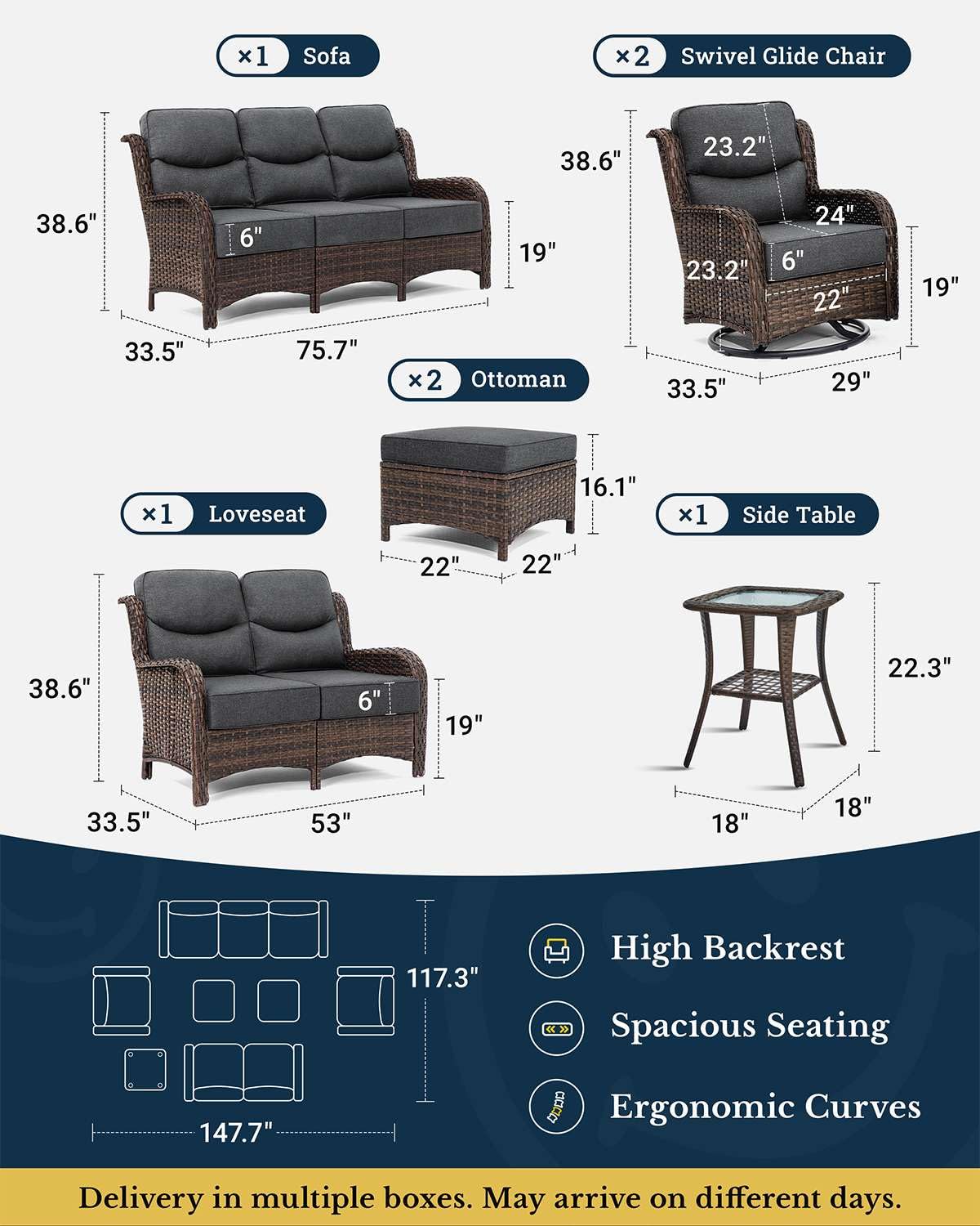 Luxury Patio Furniture Set with 6-inch Thick Cushion, Outdoor Couch, Loveseat and High Back Swivel Rocker Patio Chairs, 7PCS Wicker Conversation Set for Deck Yard and Poolside, Dark Grey (V2)
