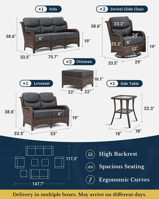 Luxury Patio Furniture Set with 6-inch Thick Cushion, Outdoor Couch, Loveseat and High Back Swivel Rocker Patio Chairs, 7PCS Wicker Conversation Set for Deck Yard and Poolside, Dark Grey (V2)