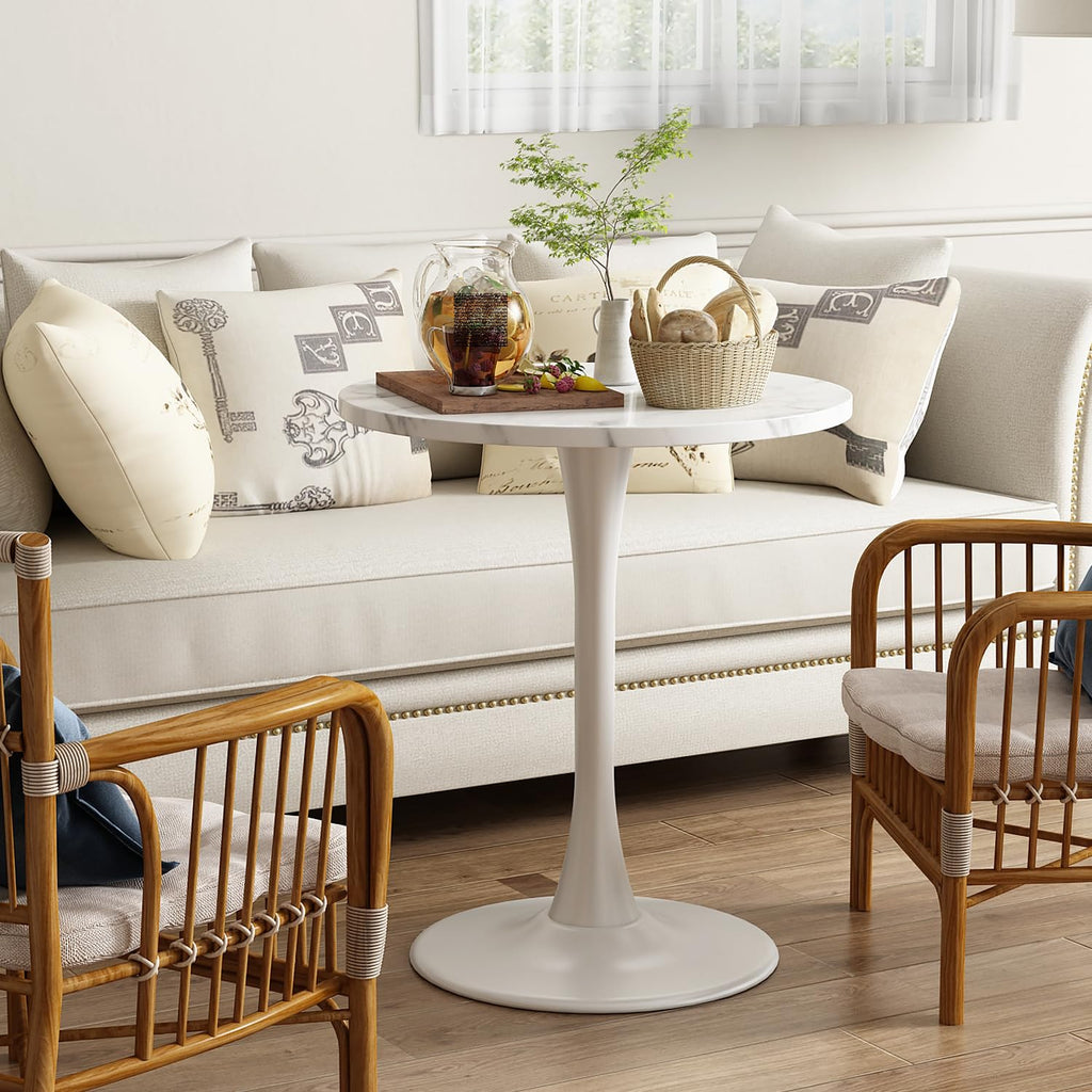 White Marble Round Dining Table 24" Circle Tulip Table with Thickened Tabletop & Sturdy Metal Pedestal Mid Century Modern Leisure Bistro Kitchen Tables 2 People Small Places Living Room Cafe