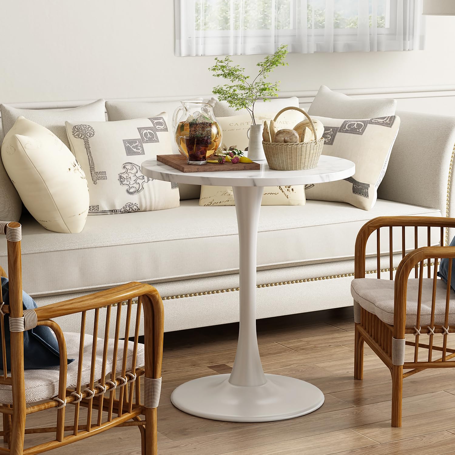 White Marble Round Dining Table 24" Circle Tulip Table with Thickened Tabletop & Sturdy Metal Pedestal Mid Century Modern Leisure Bistro Kitchen Tables 2 People Small Places Living Room Cafe