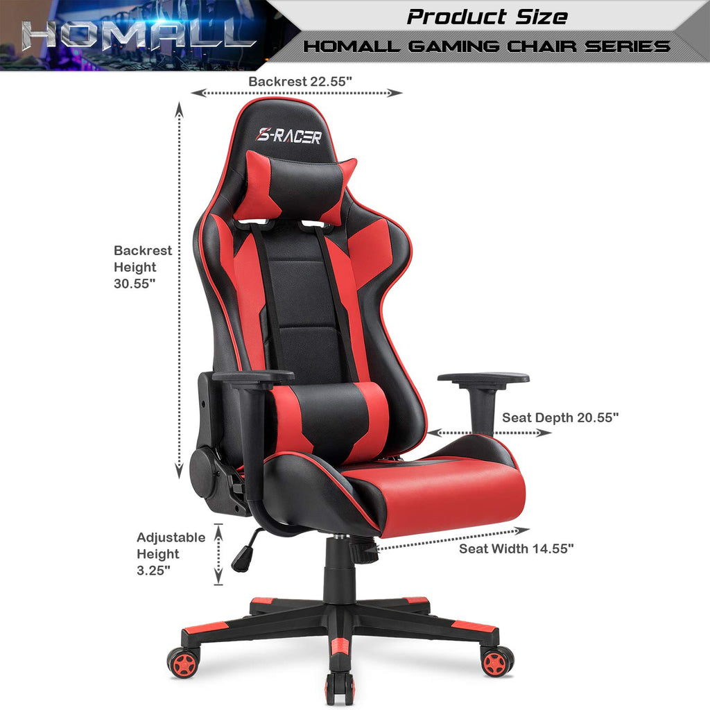 Gaming Chair, Office Chair High Back Computer Chair Leather Desk Chair Racing Executive Ergonomic Adjustable Swivel Task Chair with Headrest and Lumbar Support (Red)