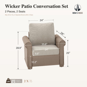 Patio Furniture Set, 2-Piece Outdoor Wicker Chairs with Widened 5.9