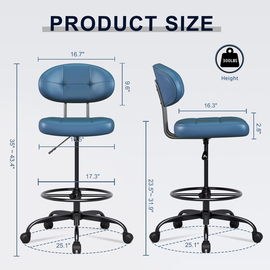 Drafting Chair Without Arms, Tall Office Chair with Footrest Ring for Standing Desk, Small Faux Leather Executive Chair with Adjustable Height for Bar Lab Counter Height Desk, Navy Blue