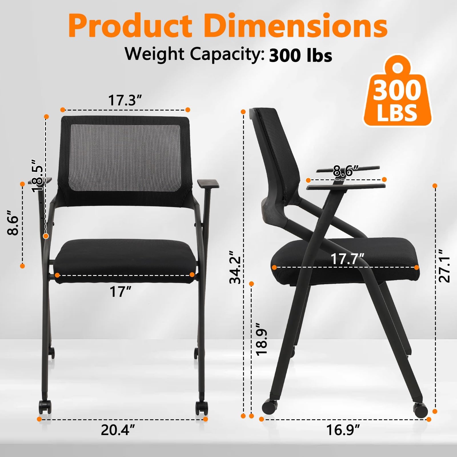 Black (6pk), Stackable Foldable Conference Room Chairs with Wheels, Portable Padded Office Desk Chair with Lumbar Support and Armrest for Training Room, Guest, Reception, Event