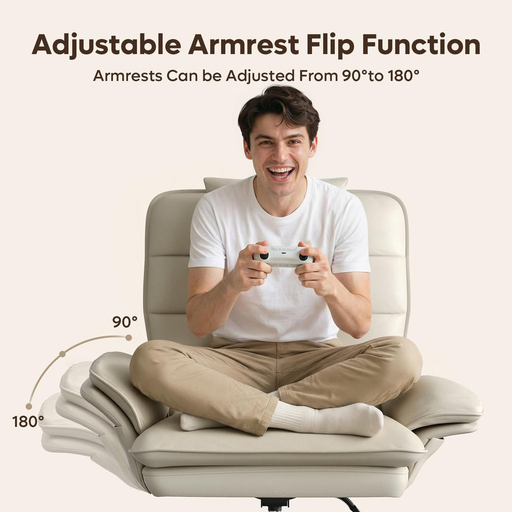 Cross Legged Office Chair Criss Cross Chair with Adjustable Arms 135° Reclining PU Leather Executive Chair with Wheels Big and Tall Computer Desk Chair for Home Office Beige