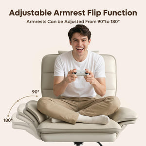 Cross Legged Office Chair Criss Cross Chair with Adjustable Arms 135° Reclining PU Leather Executive Chair with Wheels Big and Tall Computer Desk Chair for Home Office Beige