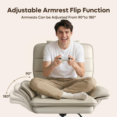 Cross Legged Office Chair Criss Cross Chair with Adjustable Arms 135° Reclining PU Leather Executive Chair with Wheels Big and Tall Computer Desk Chair for Home Office Beige