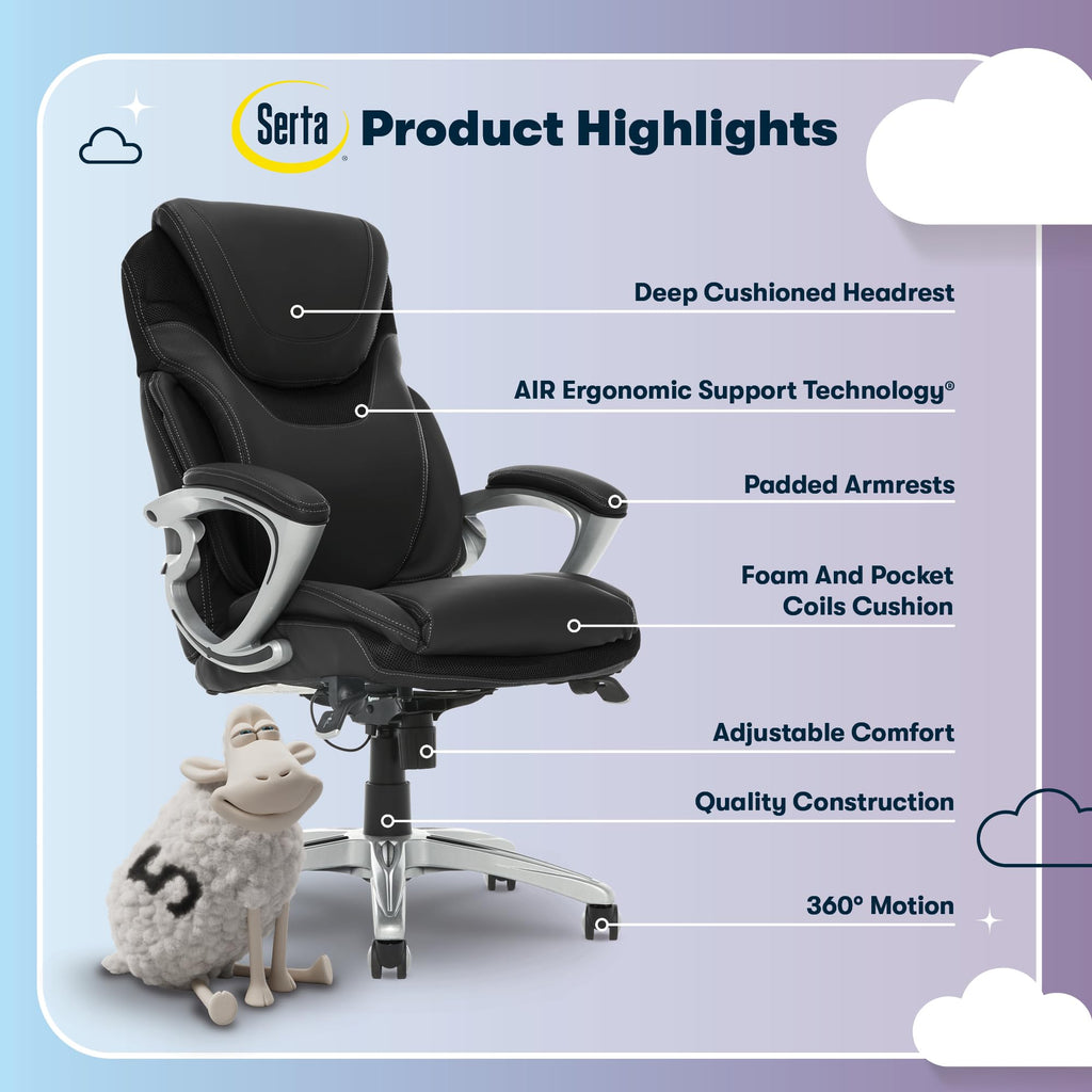 Executive Office Chair - Ergonomic Computer DeskChair with Lumbar Technology - Adjustable Height - Memory Foam Body Pillows - 360° Swivel Rolling Base - Bonded Leather - Black