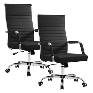 Ergonomic Office Desk Chair, Executive Ribbed Mid-Back PU Leather Conference Room Chair Adjustable Swivel Chair with Arms (2 pcs, Black)